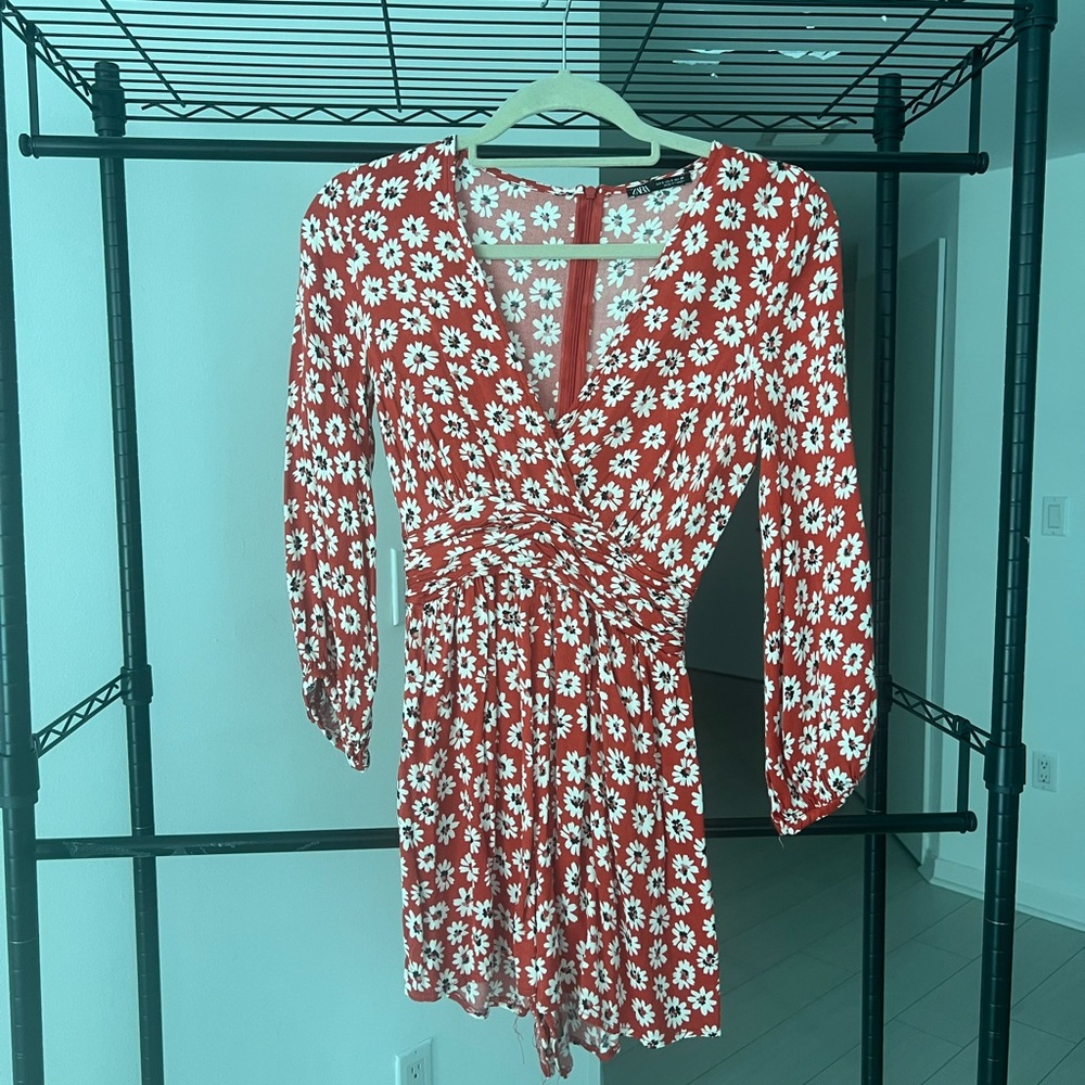 Zara Red-Orange Floral Long-Sleeve Romper